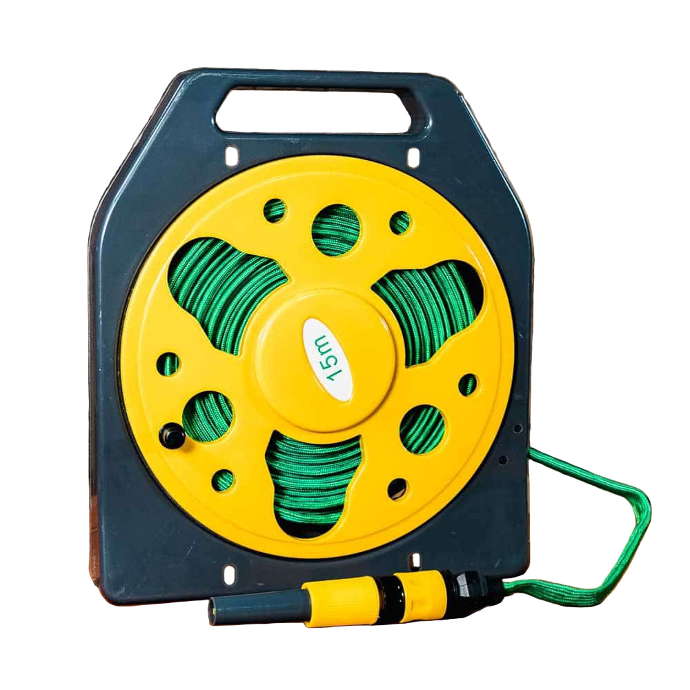 A yellow and green Haba flat hose reel with a black handle, positioned on a white background