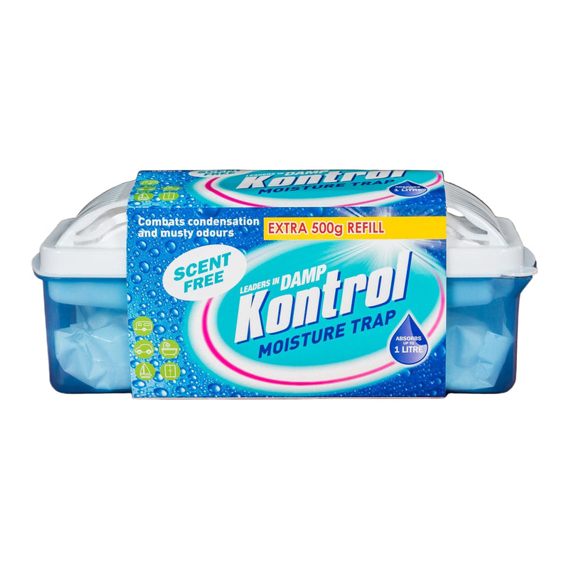 A Kontrol Streamline moisture trap container with blue crystals visible through the transparent lid, placed on a white background. The packaging highlights a 'Scent Free' feature and includes an extra 500g refill.