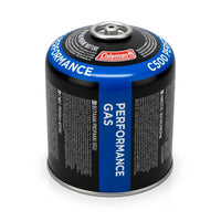 Coleman C500 Performance Gas Canister, 17oz propane blend, featuring a black and blue label design with white text and a silver metal top cap.