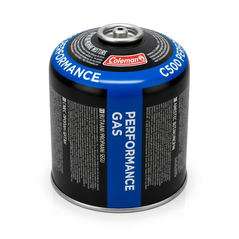 Coleman C500 Performance Gas Canister, 17oz propane blend, featuring a black and blue label design with white text and a silver metal top cap.