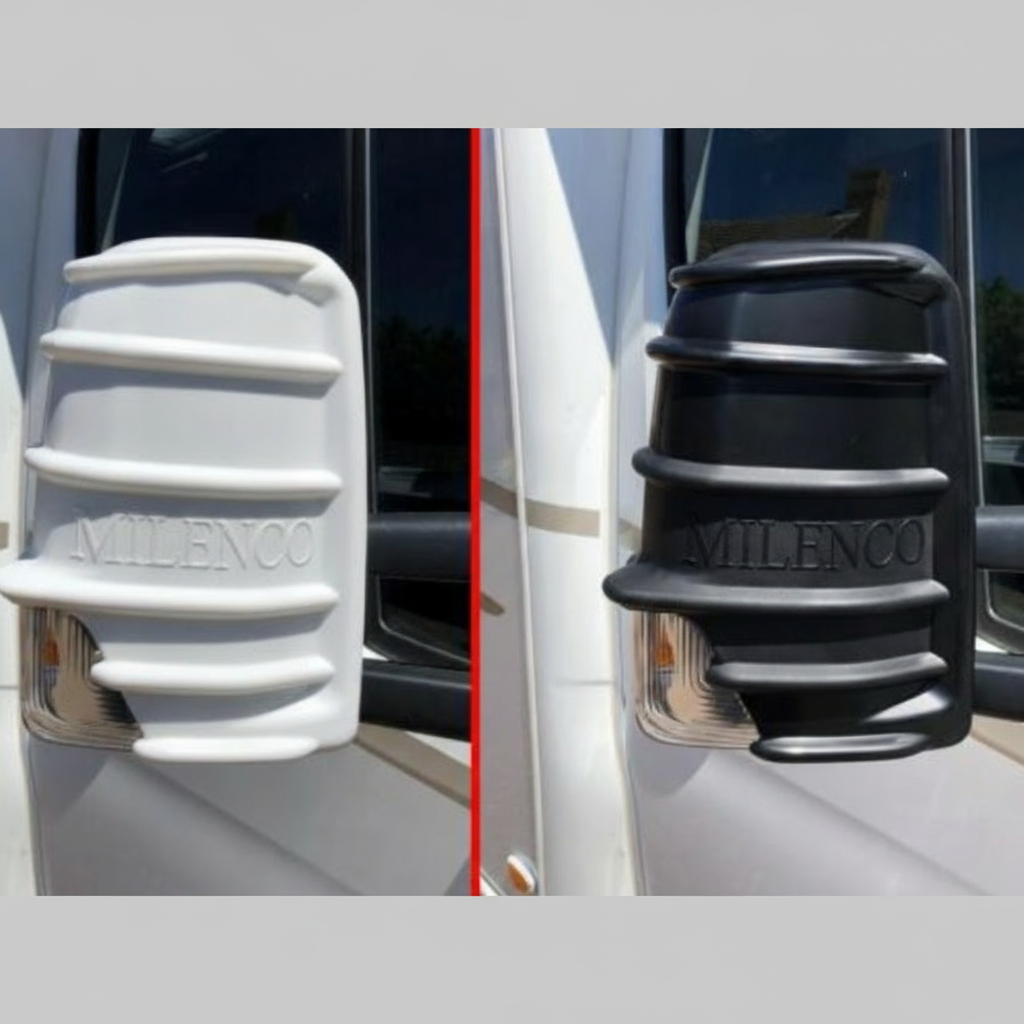 Two car mirror protectors, one white and one black, on a yellow background with 'Milenco' branding.