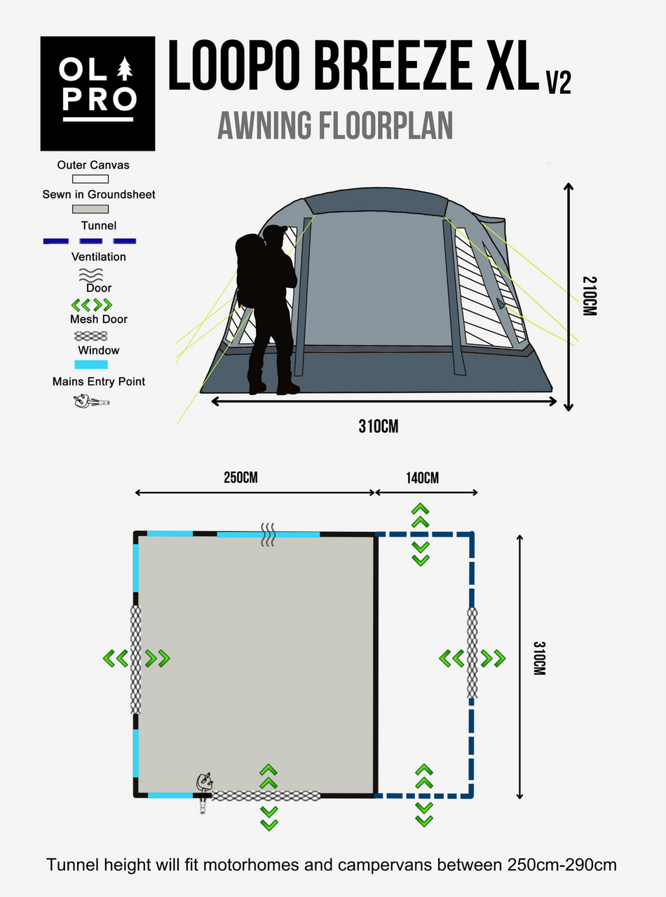 OLPRO - Loopo Breeze® V2 Tall Tunnel Motorhome Awning (Grey) | OB149